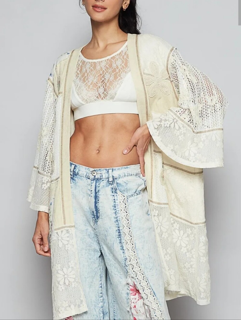 POL Ivory Lace Open Kimono Cardigan